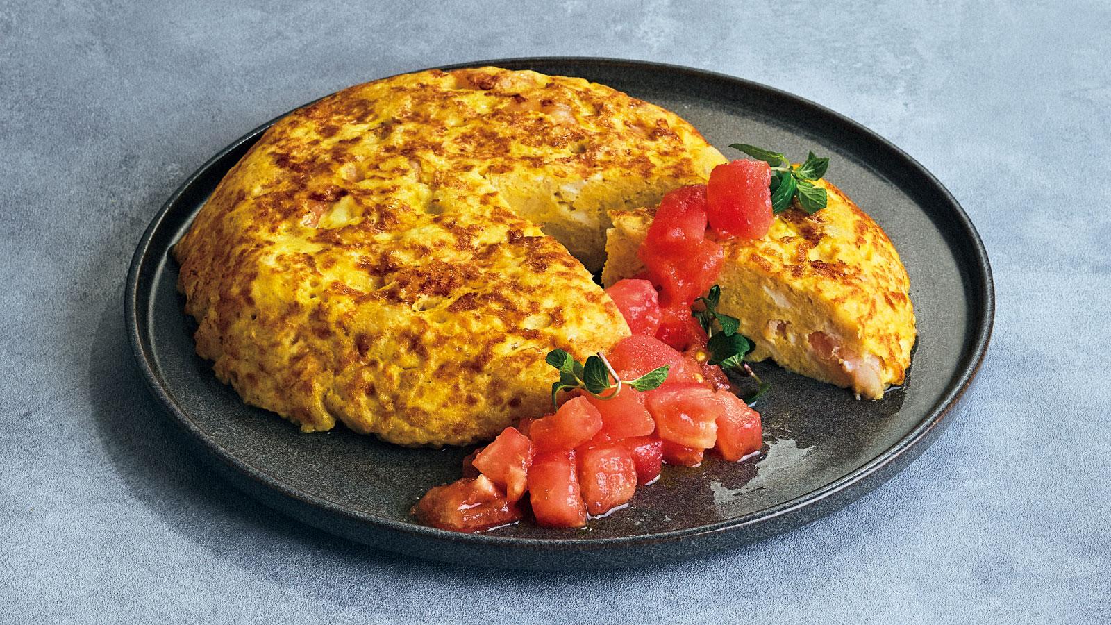 豆腐とエビと長芋のスペインオムレツ