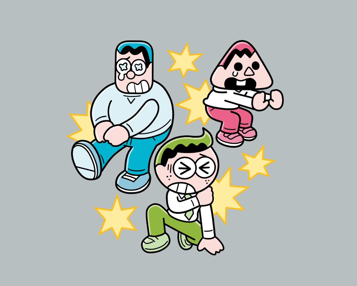 膝・腰・肩がそれぞれ痛い人3人のイラスト