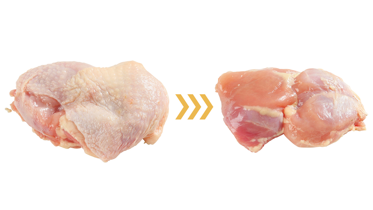 （左）【鶏もも肉皮アリ = 35g】を（右）【鶏もも肉皮ナシ = 7.8g】に変えると27.2gカット！