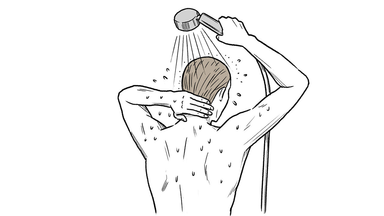 後頭部をすすぎ洗いする男性（イラスト）