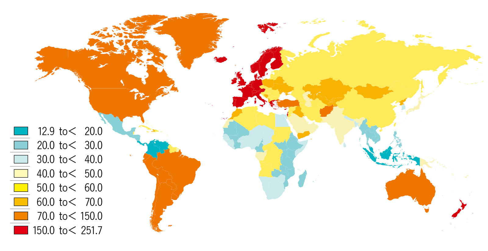 乾癬の年齢調整別発症者数（国別）（10万人当たり、2019年）