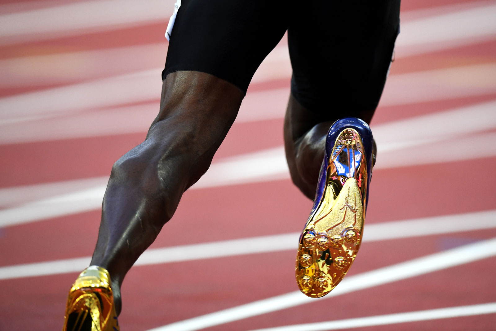 2017年8月5日　世界陸上ロンドン大会　男子100m ウサイン・ボルト（ジャマイカ）／おそらくプーマがボルトのために作ったであろうゴールドのソールのスパイク。
