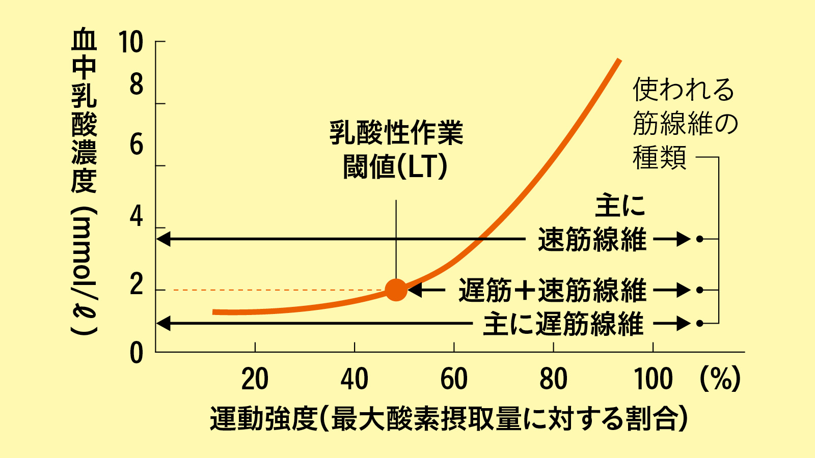 グラフ 運動強度と血中乳酸濃度の関係