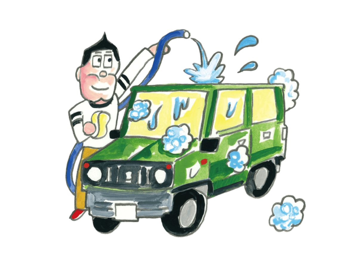 愛車をすみずみまで洗剤で磨いて水を注ぐ