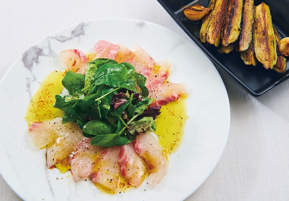 鮮魚のカルパッチョとナスのオイル焼き