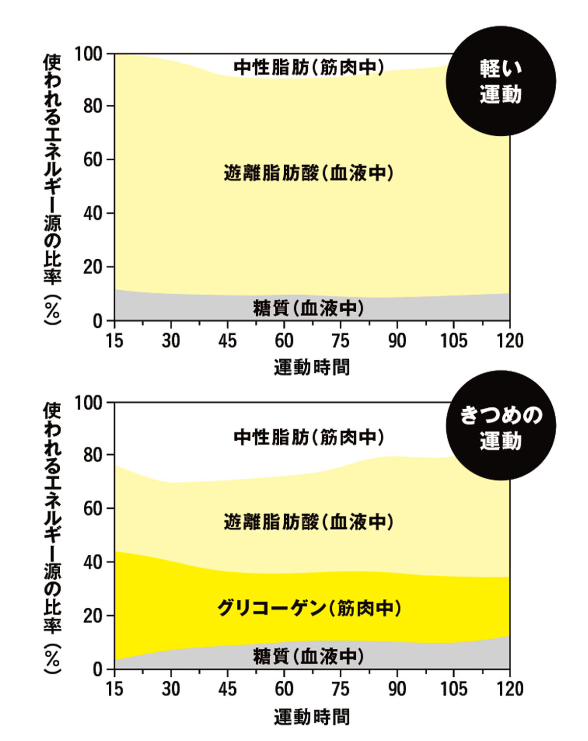運動強度によるエネルギー源の違い。