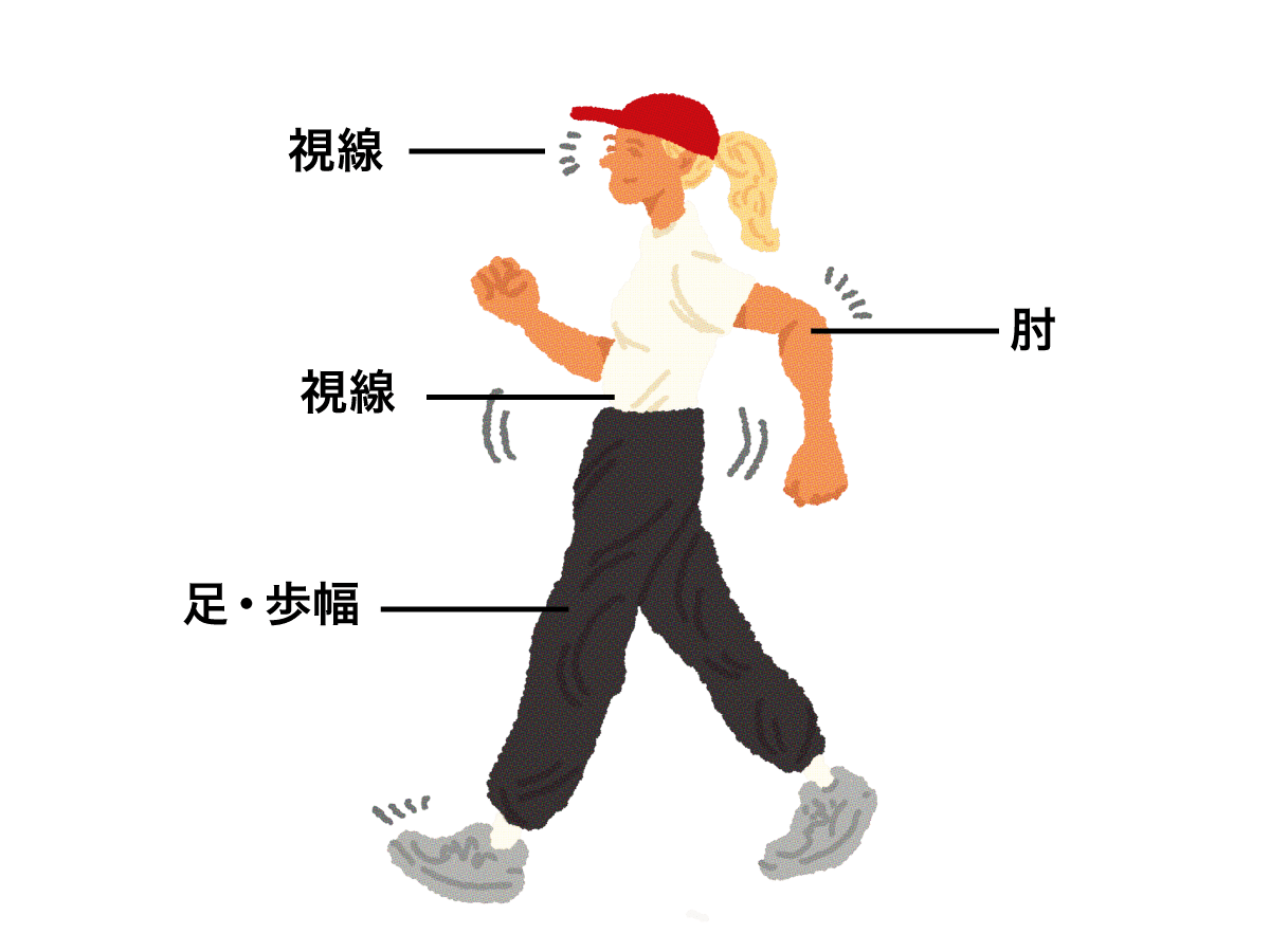 速歩で踏み出したときの各部位の注意ポイント。