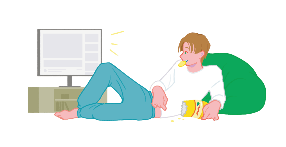 ダラダラ食べをしている男性のイラスト