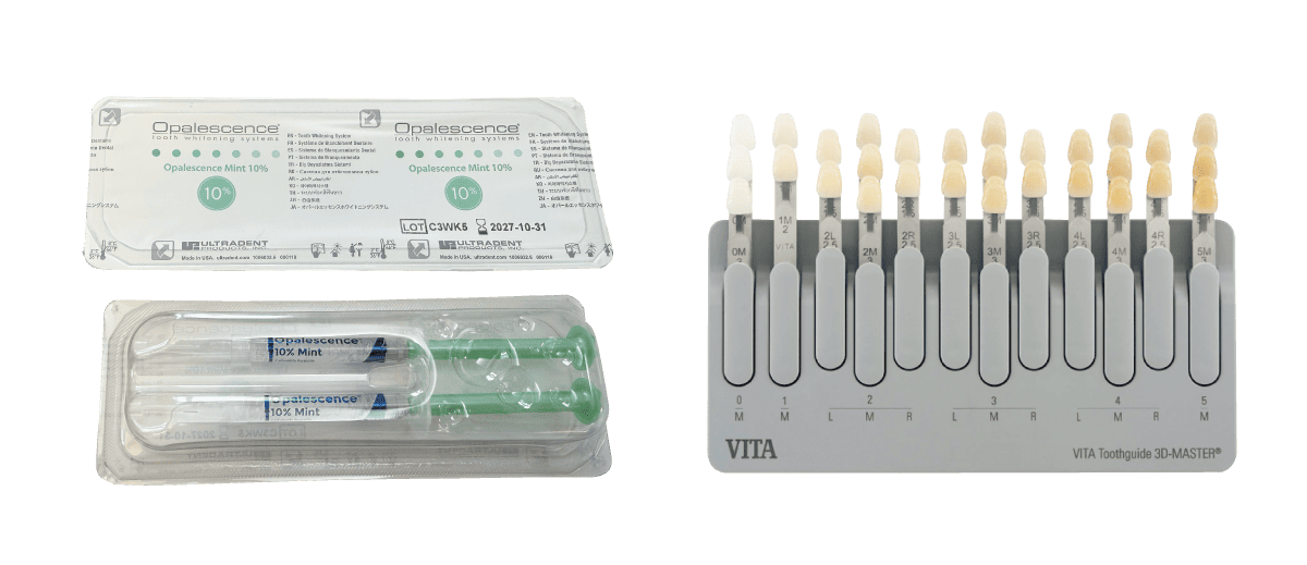 ホワイトニングの歯の見本とホワイトニング器材