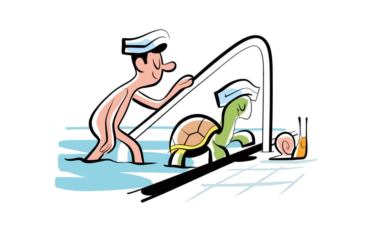 亀と人がゆっくり湯船から出るイラスト