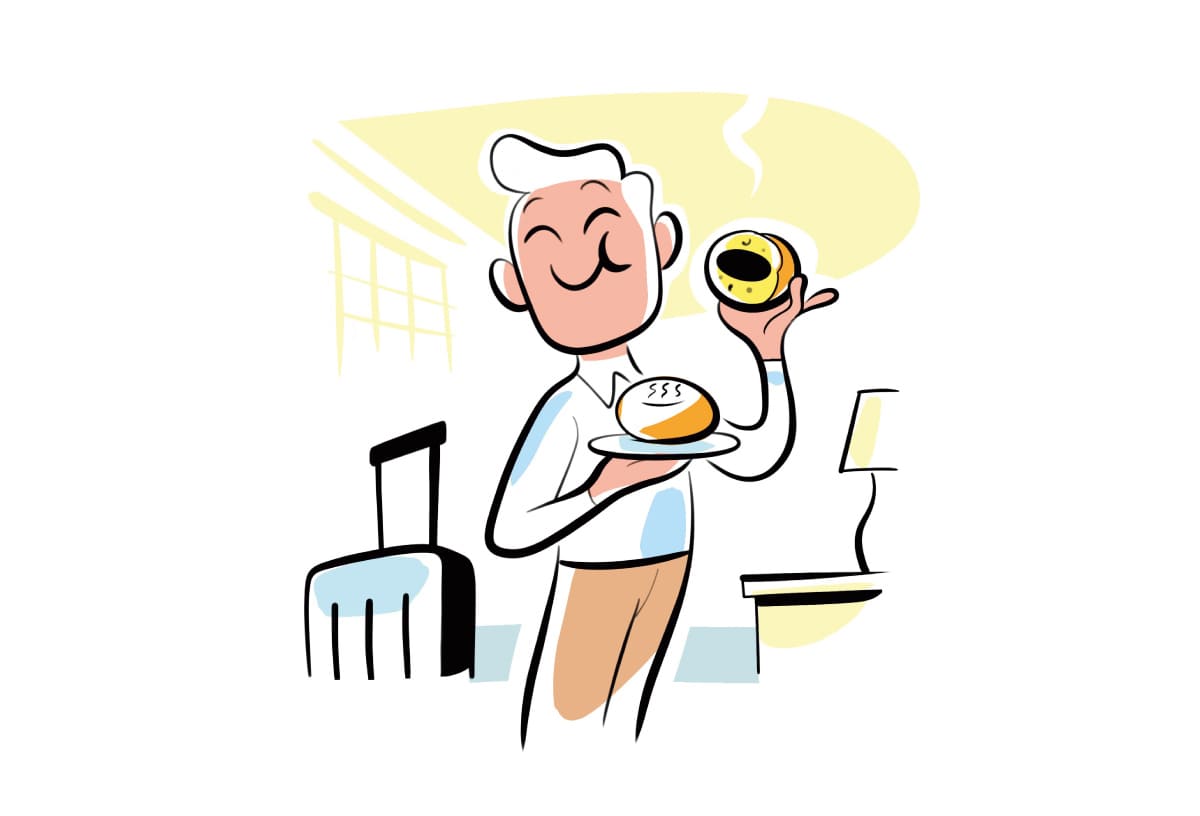 温泉まんじゅうを食べているイラスト