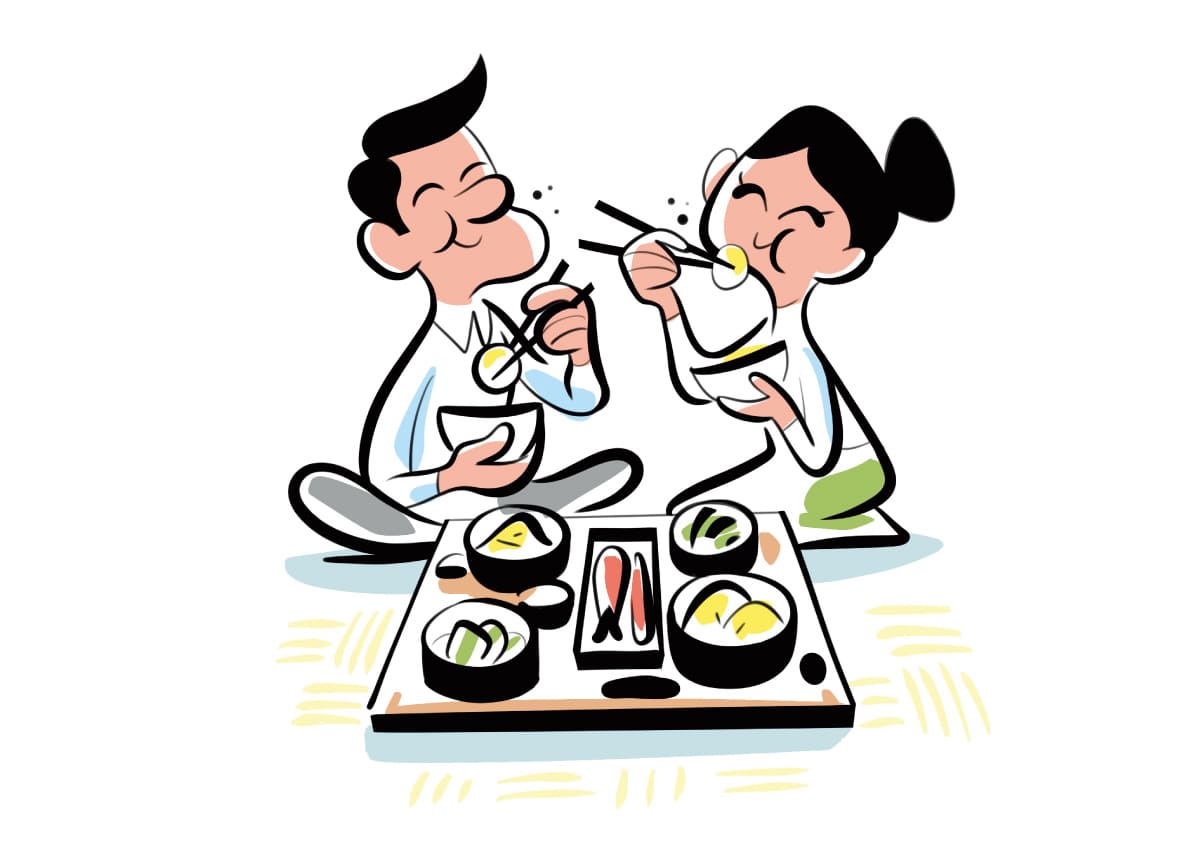 宿の夕食を食べるイラスト