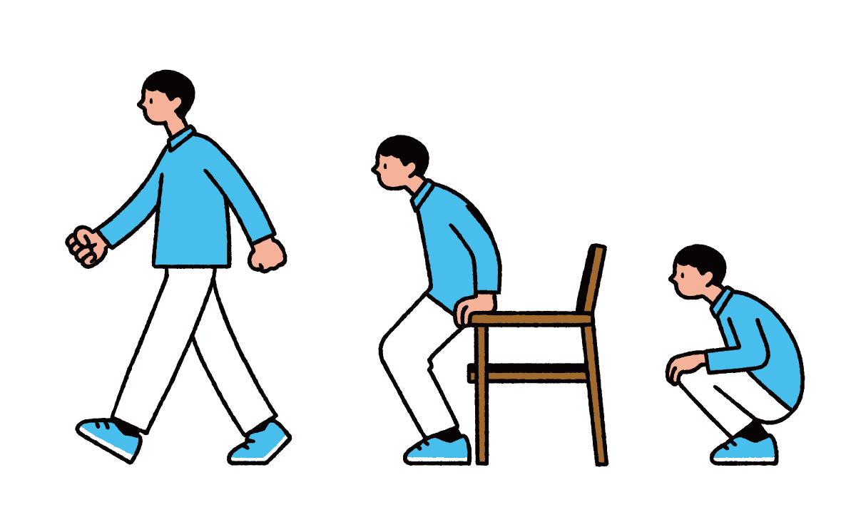 座ってから立ち上がり歩く男性のイラスト
