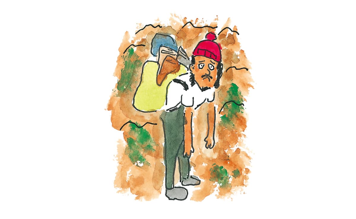 重いリュックを背負って腰が曲がっている男性のイラスト
