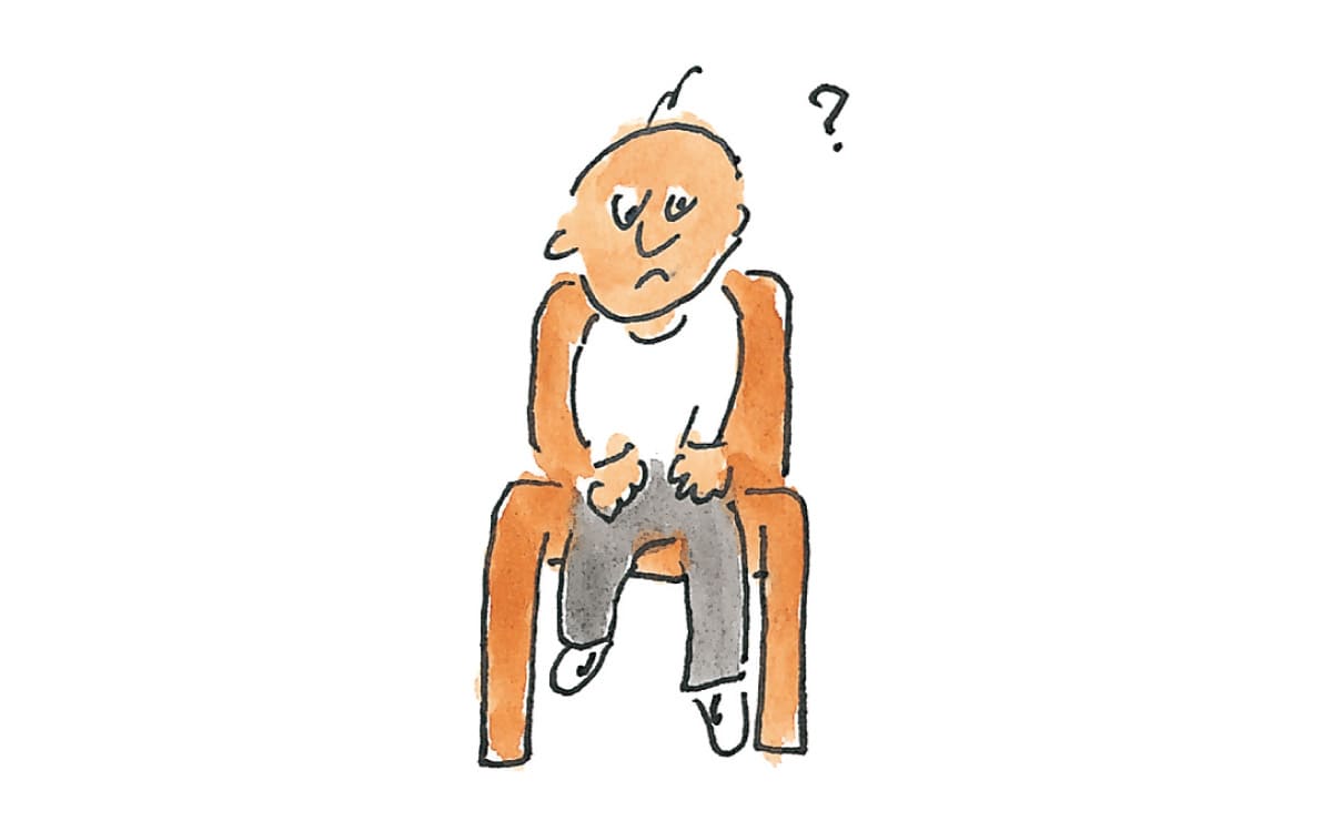 男性が椅子に座って足を追え押している、足の長さが違うイラスト