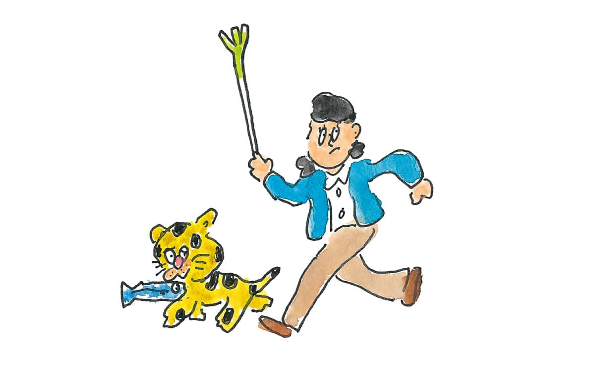 お魚咥えて逃げている猫とそれを追っている女性のイラスト