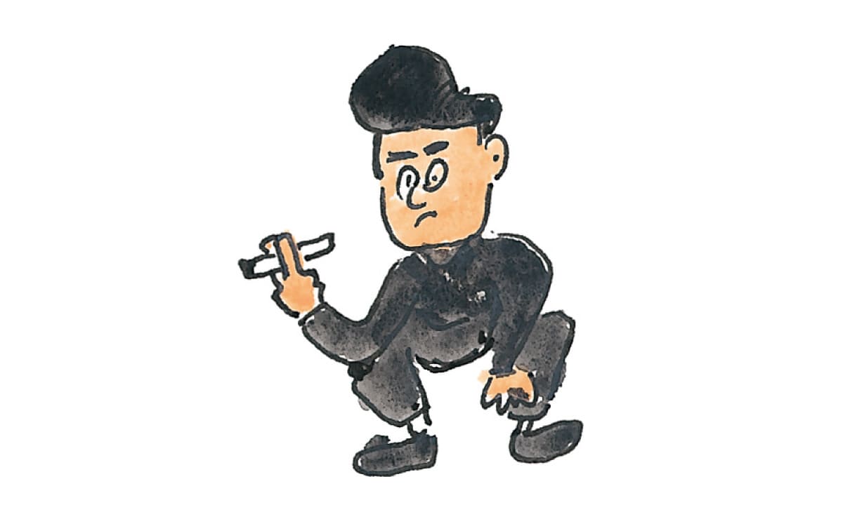 両足を開いてヤンキー座りをしている男性のイラスト