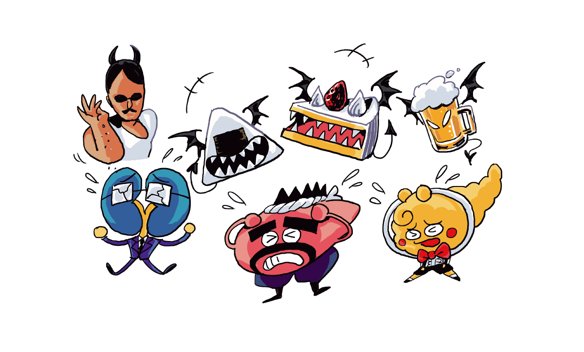 肝臓腎臓膵臓のイラストが悪魔の囁きに脅かされているイラスト