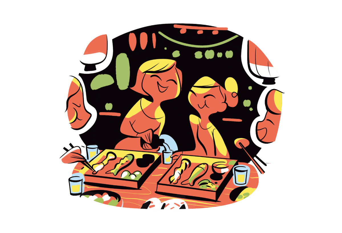 居酒屋で楽しく飲む女性二人のイラスト