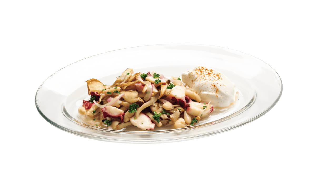 白インゲン豆とタコ、きのこのマリネ