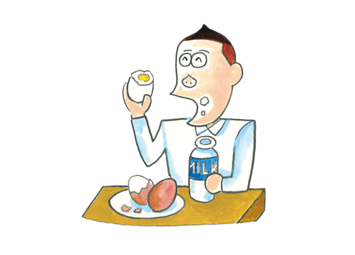 牛乳と卵を食べる男性のイラスト