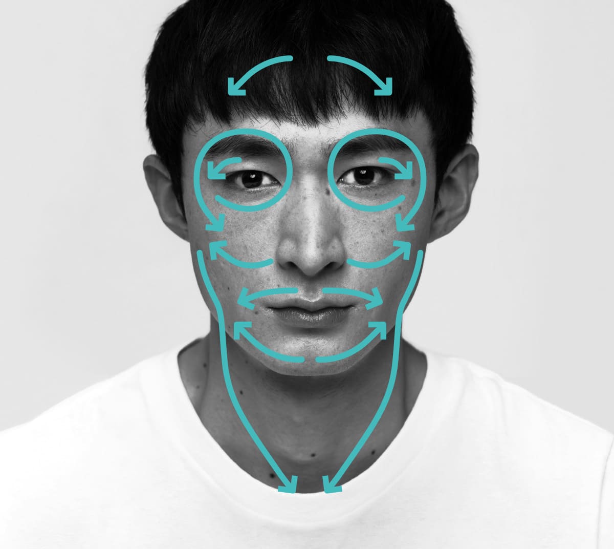 顔のリンパの流れに沿ってタッピングする方向を示した図（老廃物排出のイメージ）