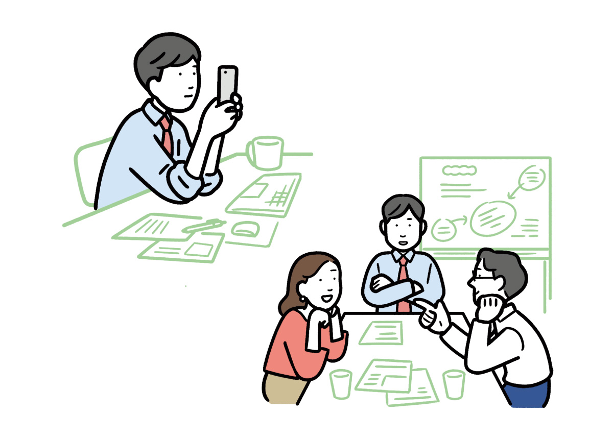 会議中に肘をついているイラスト