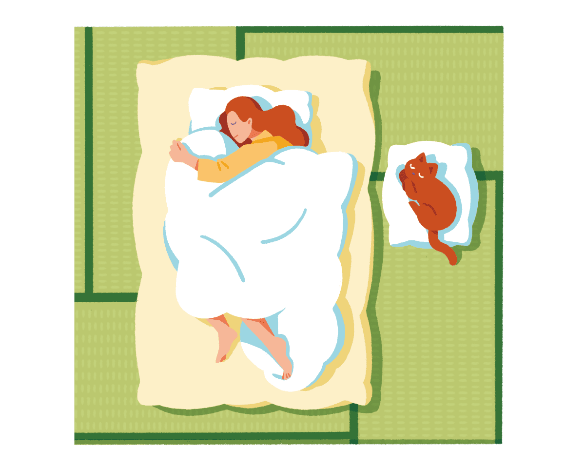 広い布団で寝ている女性のイラスト
