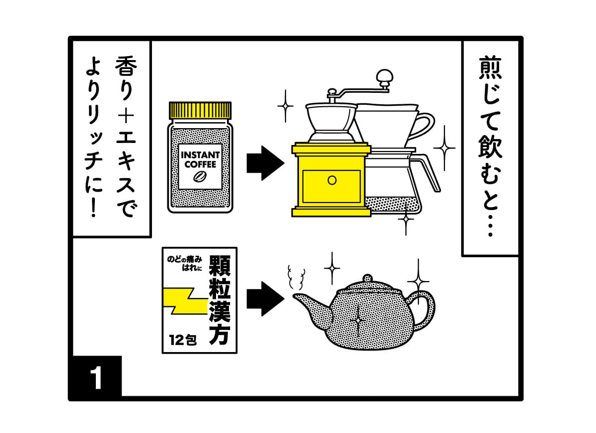 漫画の一コマ「漢方をコーヒーミルや急須で煎じている様子」
