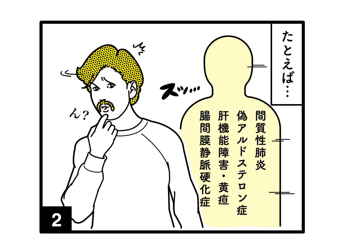漫画の一コマ「たとえば、こんな副作用があります影に言われている男性」