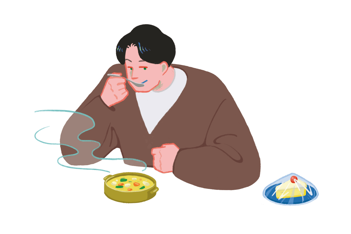 暖かい夕飯を食べる様子