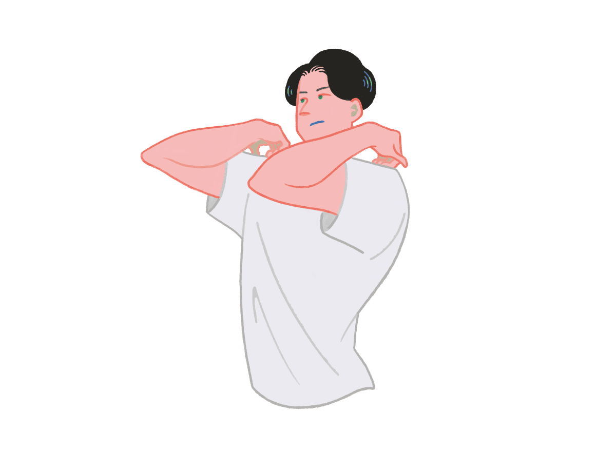 肩甲骨を回している男性