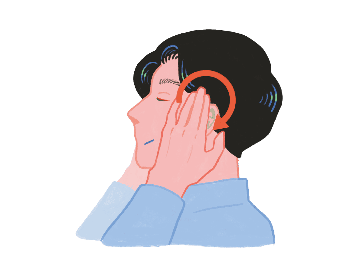 側頭部に5本の指を当てて回している様子