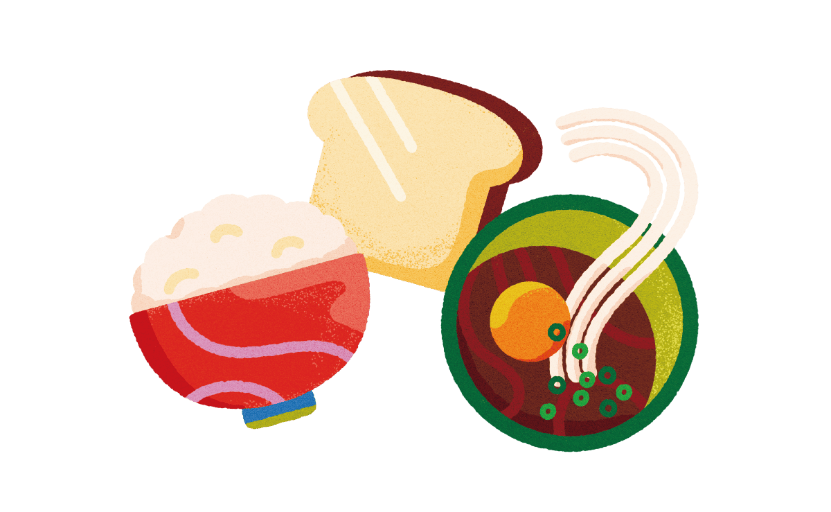 ご飯、パン、うどんのイラスト