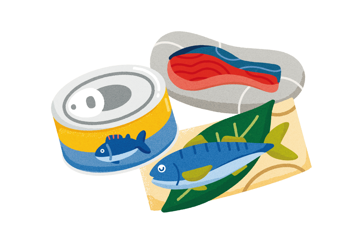 ツナ缶、サバ、サケのイラスト