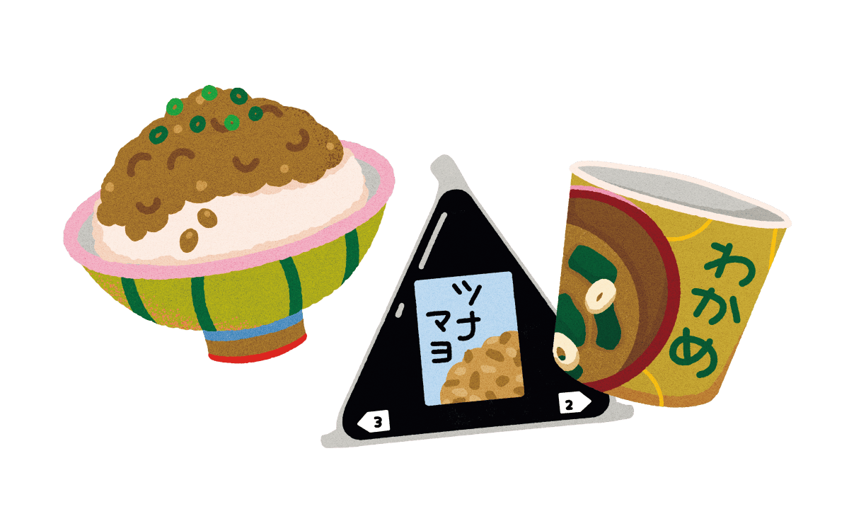 納豆ご飯とコンビニおにぎりとお味噌汁のイラスト