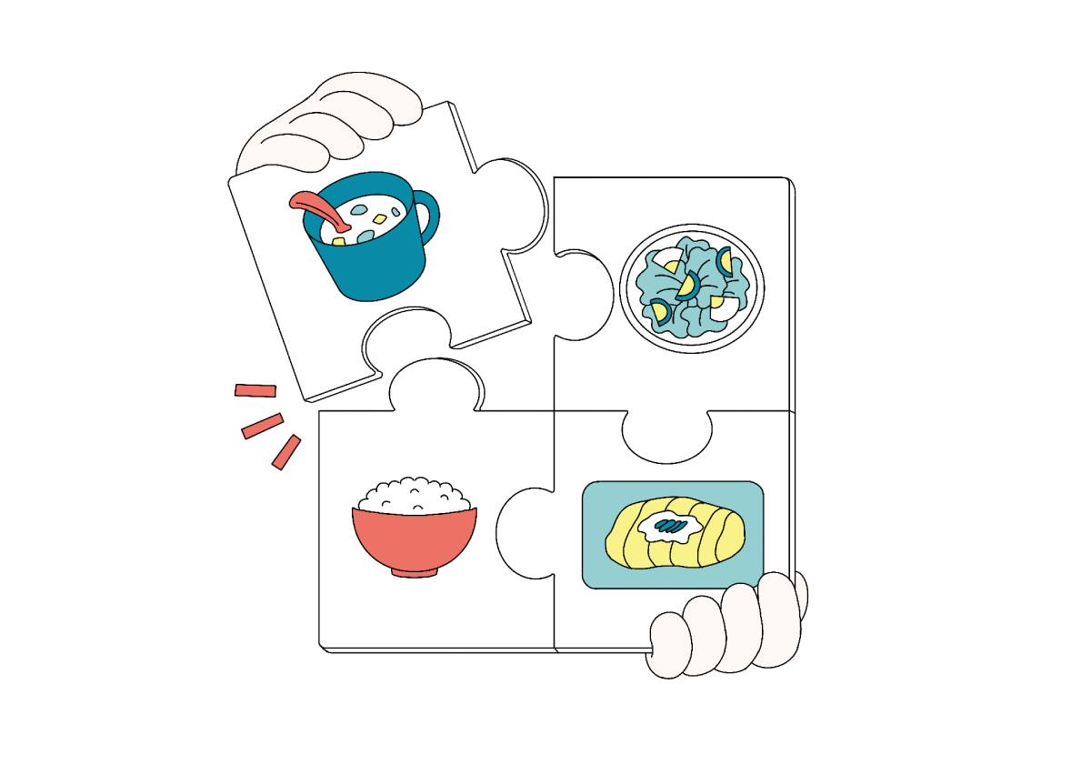 スープ・サラダ・ご飯・卵焼きのパズルイラスト