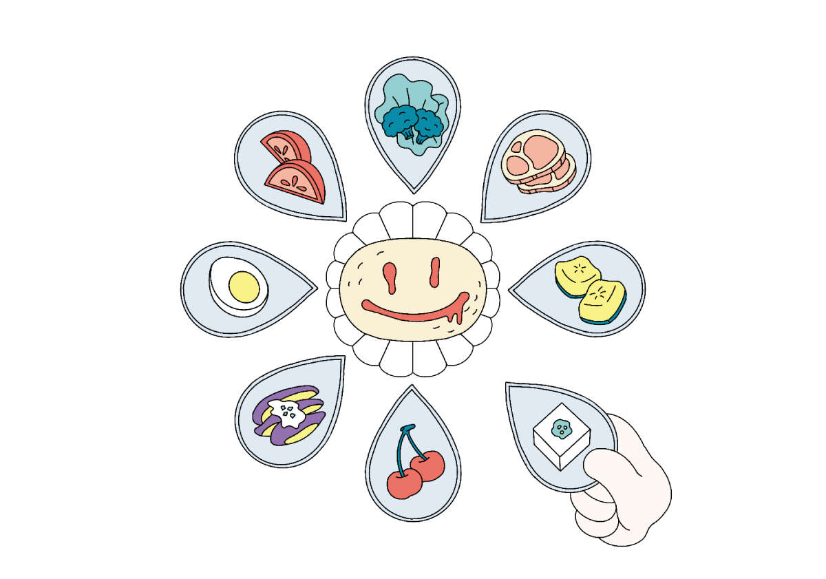 たくさんの小皿に食事が乗っていて、お花のようになっているイラスト