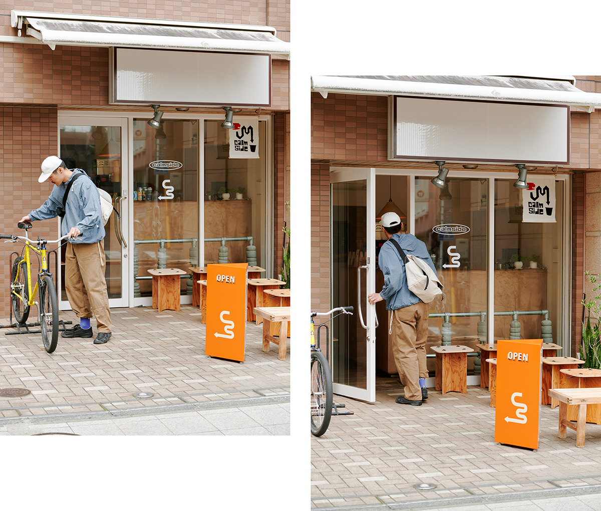 〈calmside〉の店前。サイクルスタンドがあり、自転車をとめることができる。