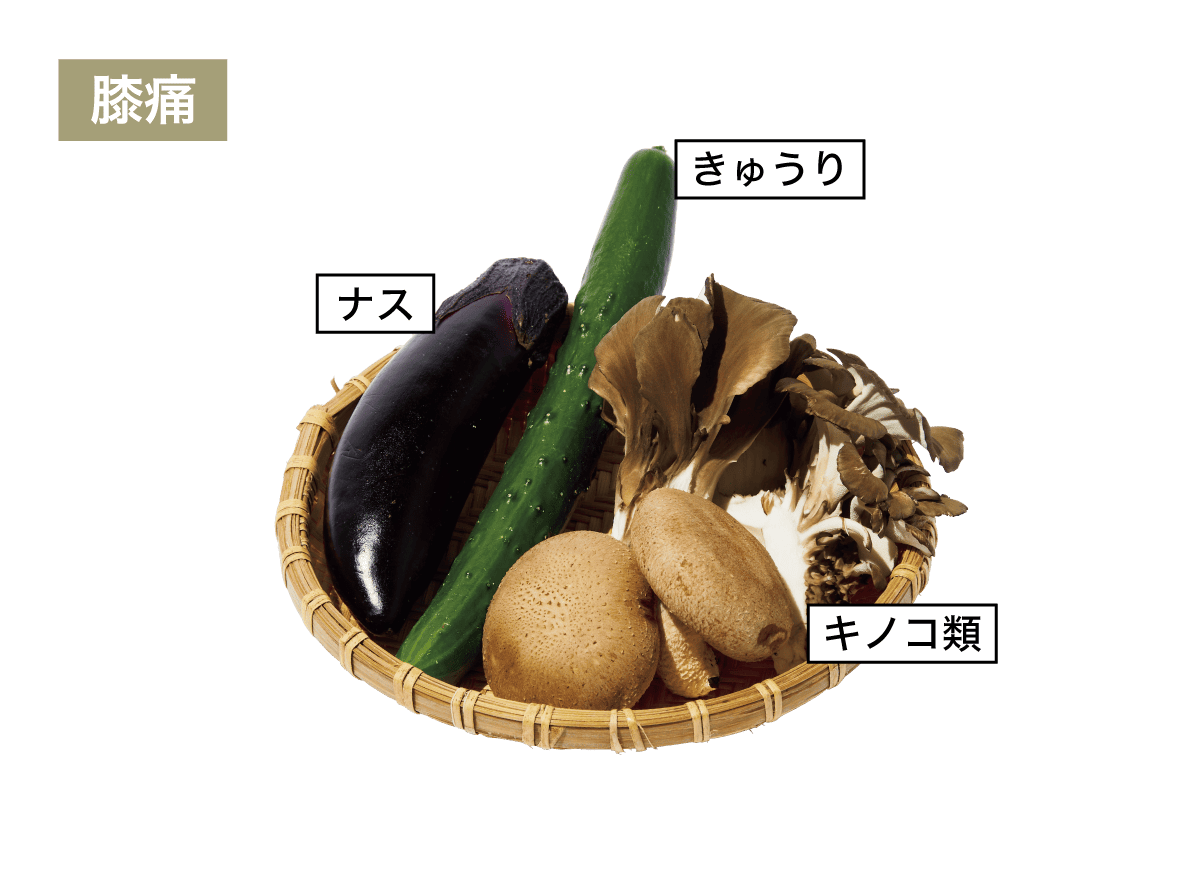 膝痛・キノコ類、なす、きゅうり
