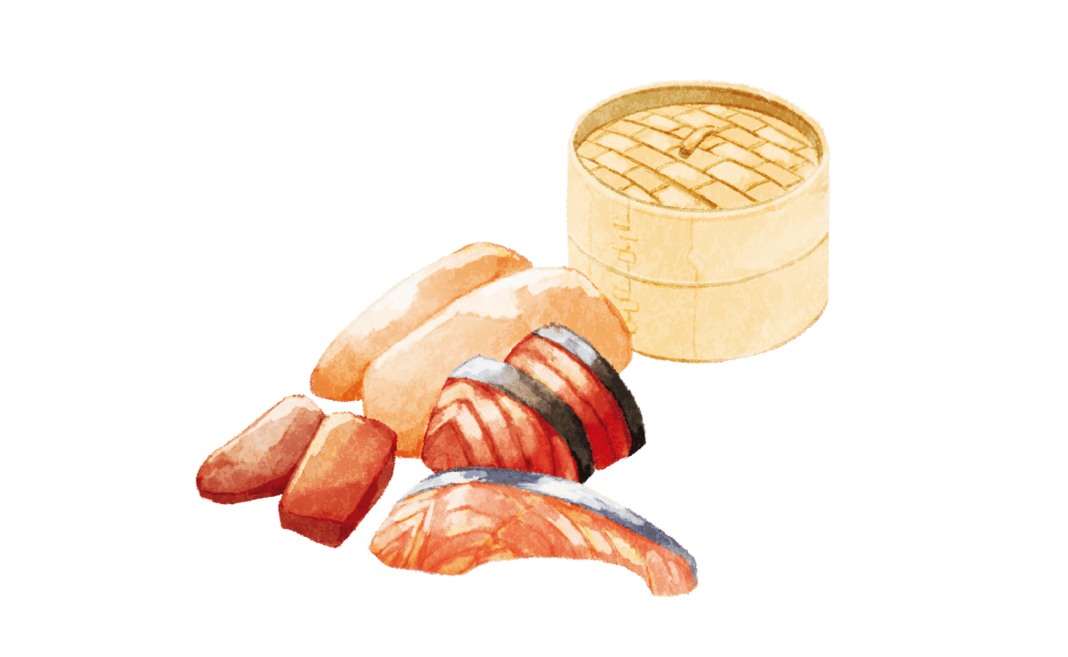 カツオ、鮭、レバー、鶏胸肉のイラスト