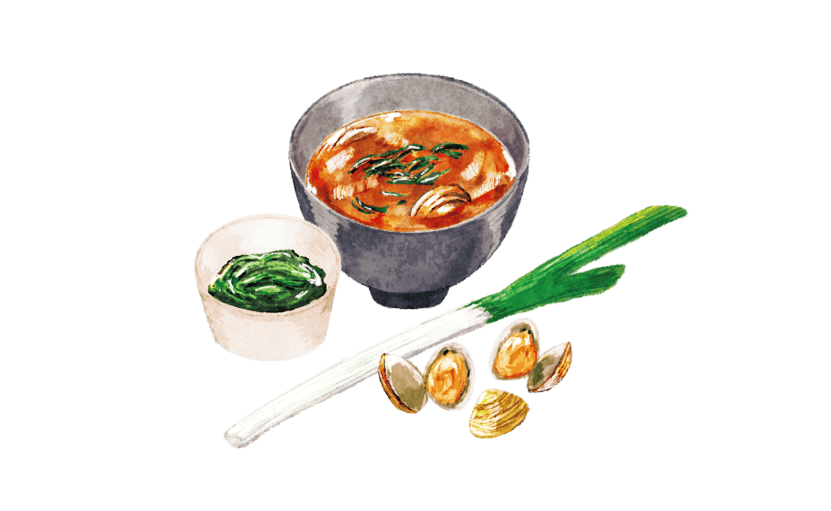 味噌汁、メカブ、ネギ、アサリのイラスト