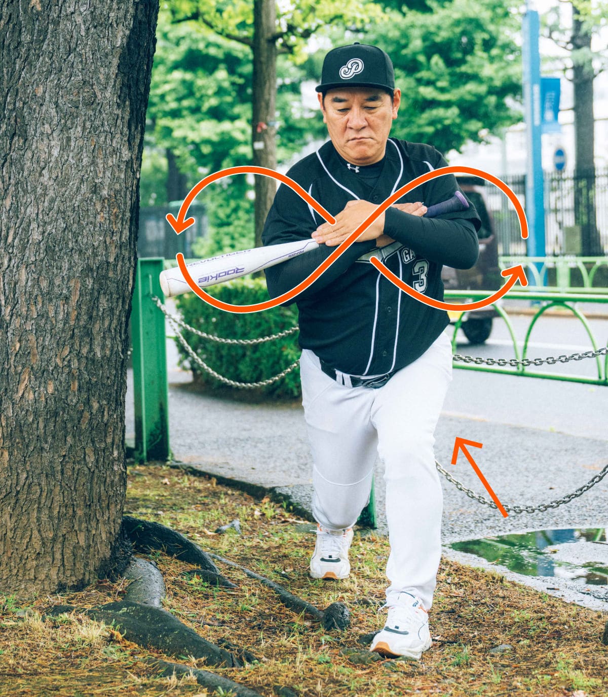 外旋の癖をリセットし、ふくらはぎの怪我再発を防ぐストレッチをしている様子