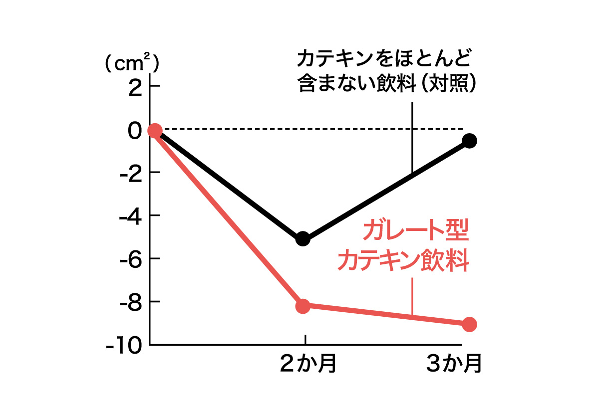 カテキン飲料を飲んだ結果の内臓脂肪面積を表したグラフ
