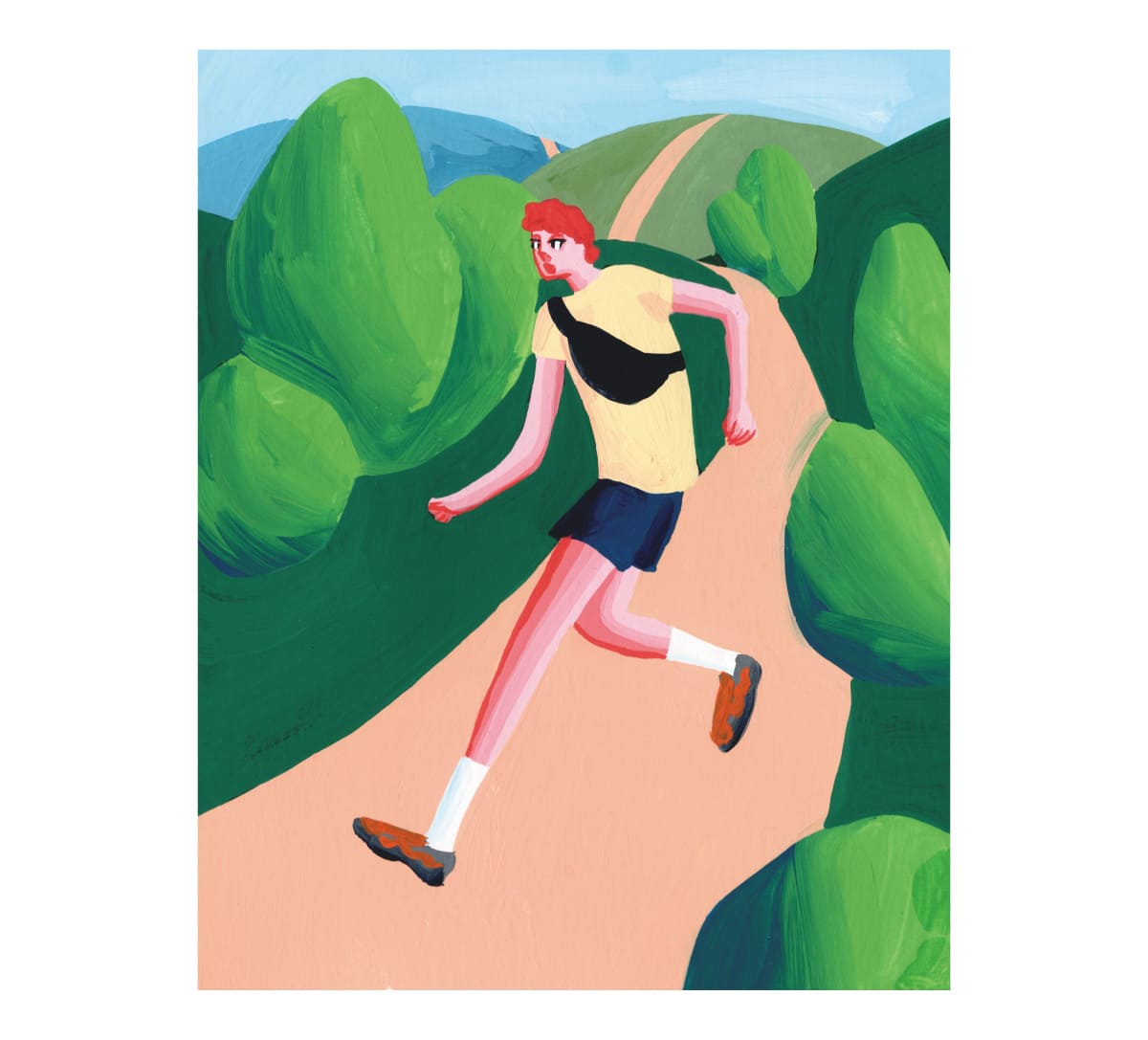 外に出て山の中を走る男性のイラスト