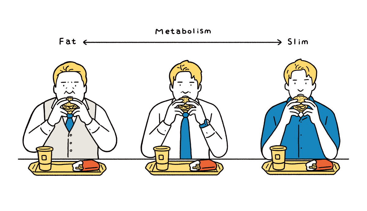 太った男性・標準男性・痩せている男性がファストフードを食べている様子