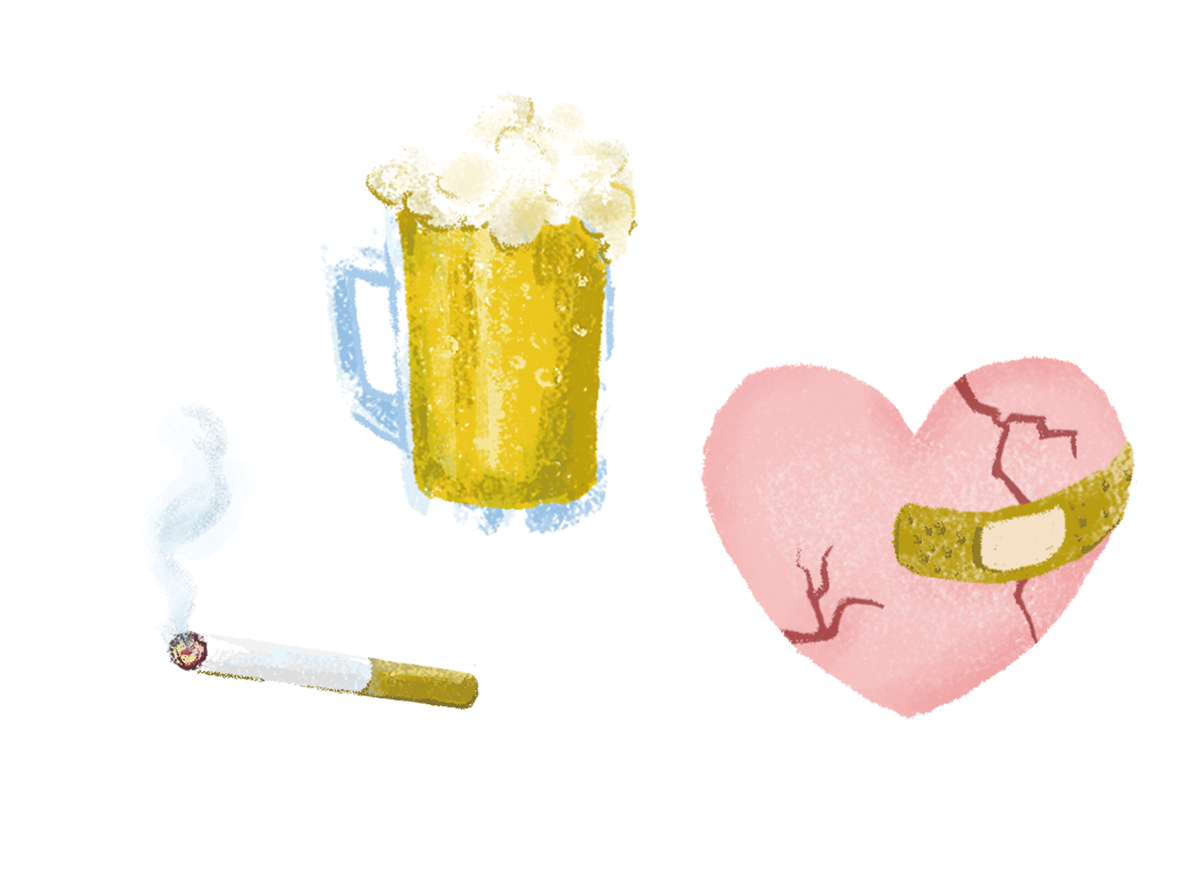 ハートに絆創膏・ビール・タバコのイラスト