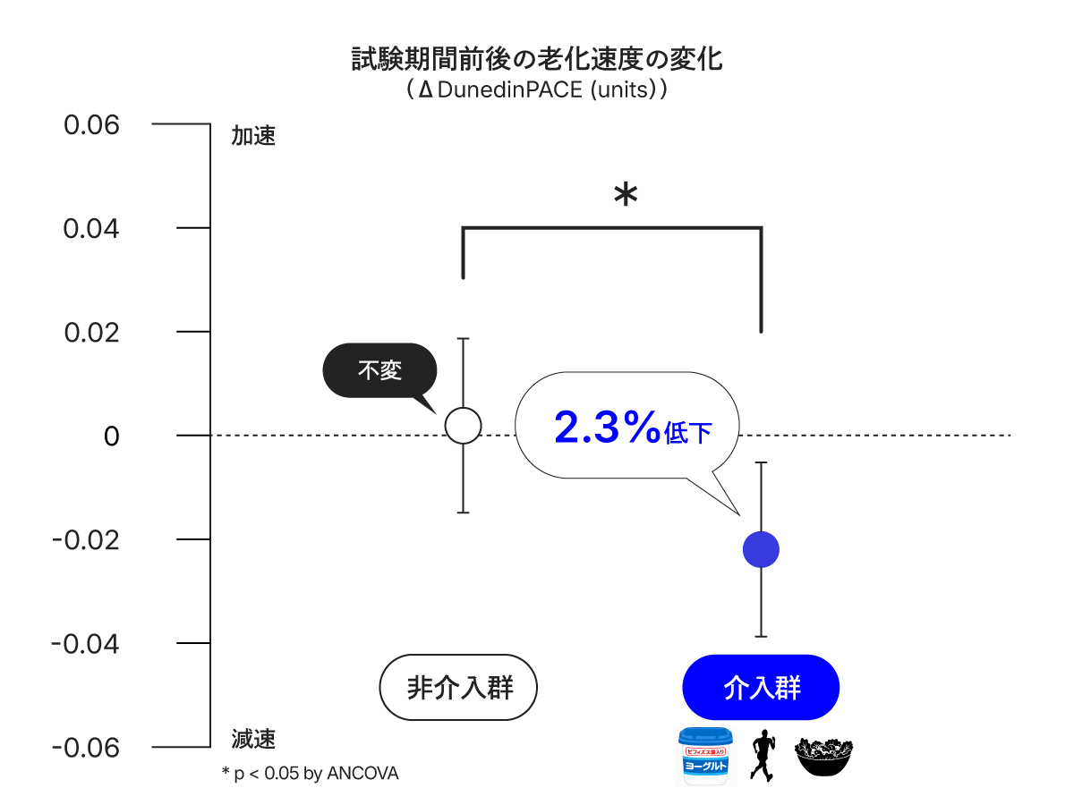 ビフィズス菌BB536入りのヨーグルトを食べ、無理のない食事・運動改善を12週間続けた人の「老化スピード」が低下したことを表すグラフ